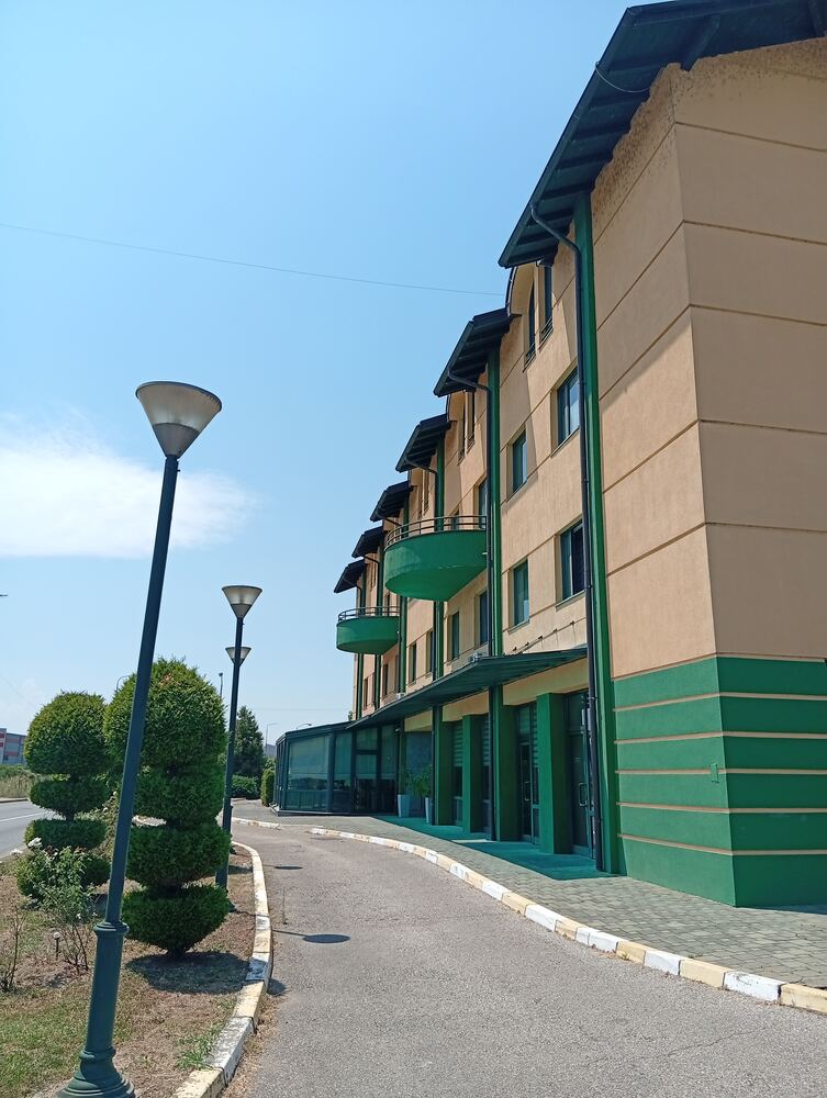 Lamp-lined approach to the hotel