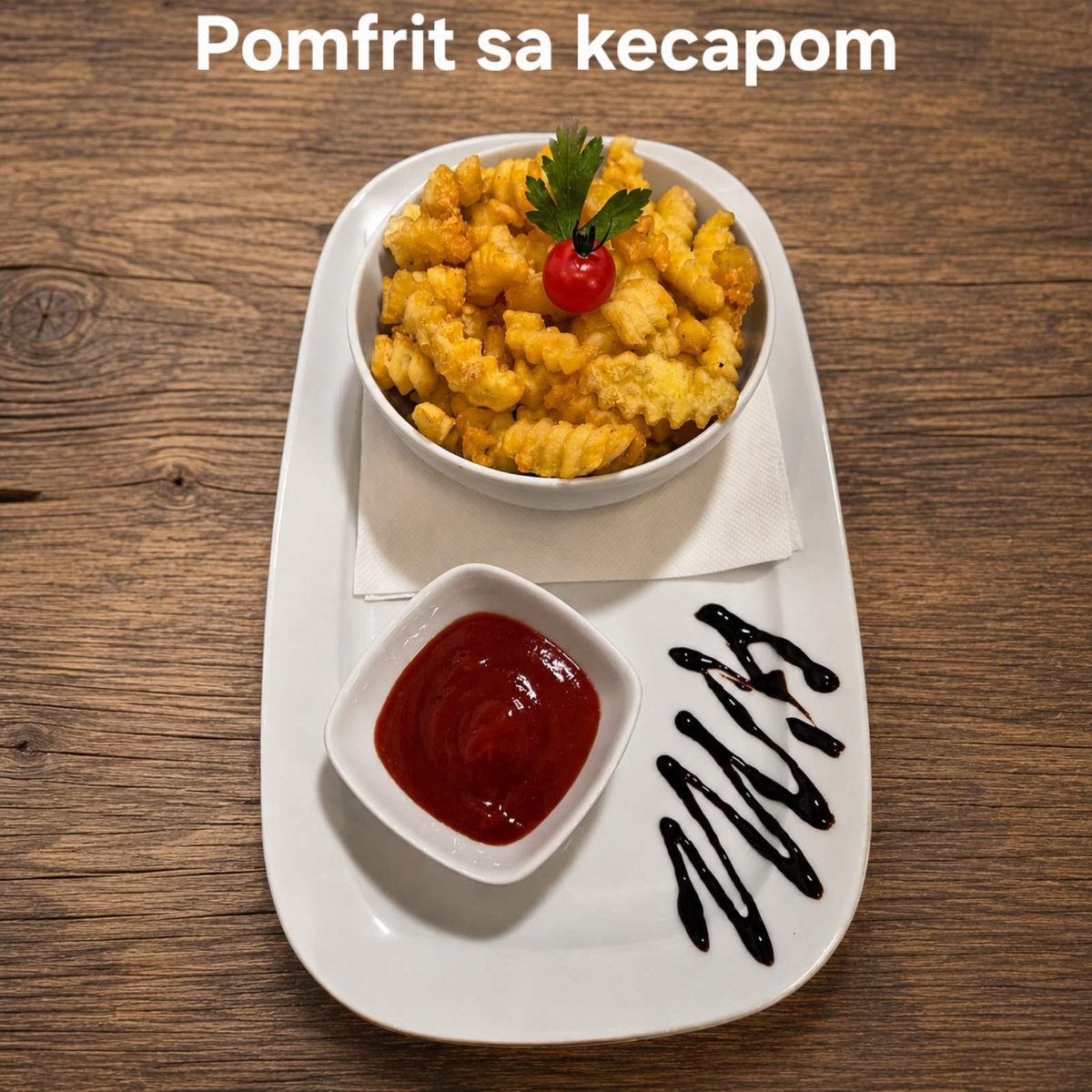Pomfrit sa kecapom — crinkle-cut fries with ketchup