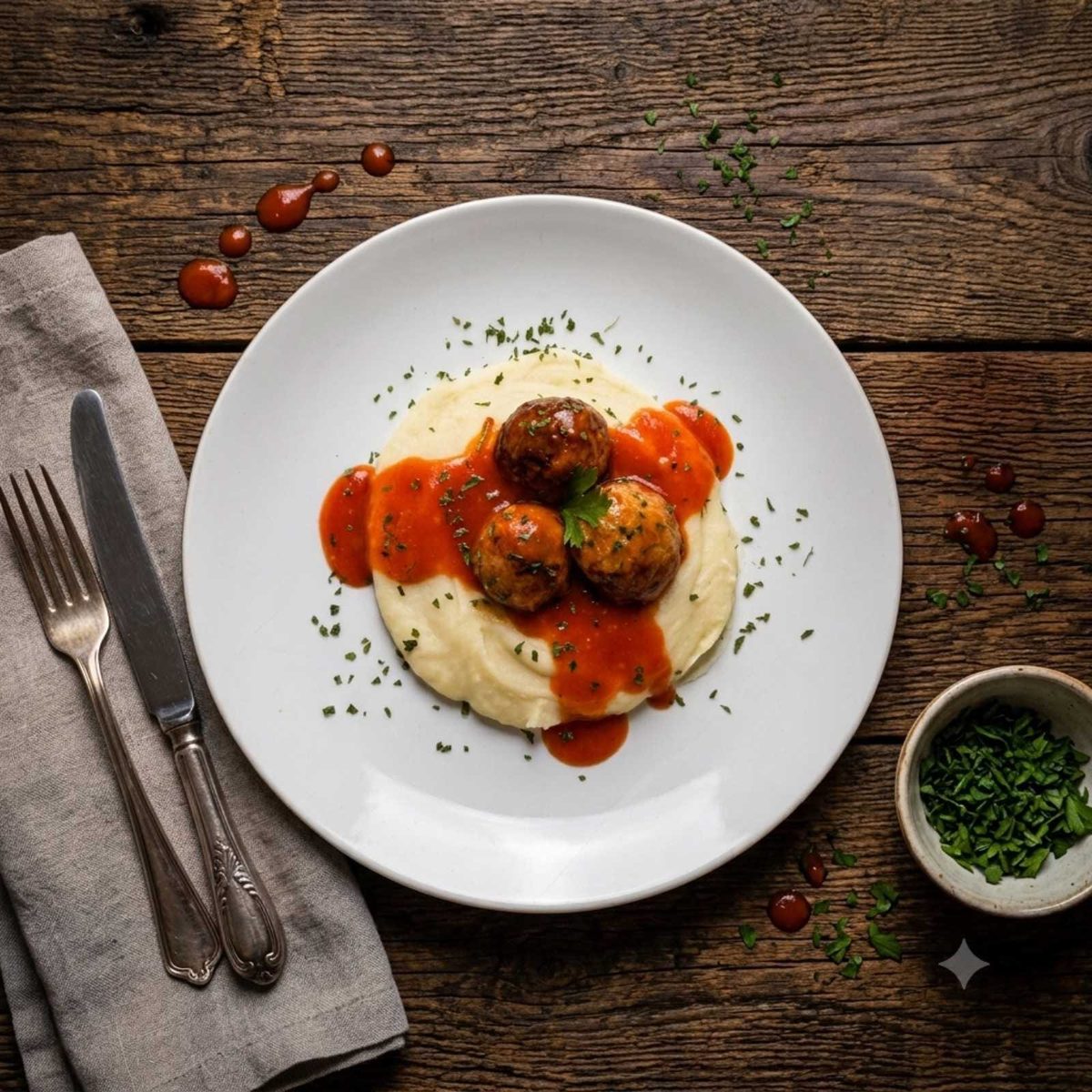 Ćufte u paradajz sosu — meatballs in tomato sauce with mashed potato