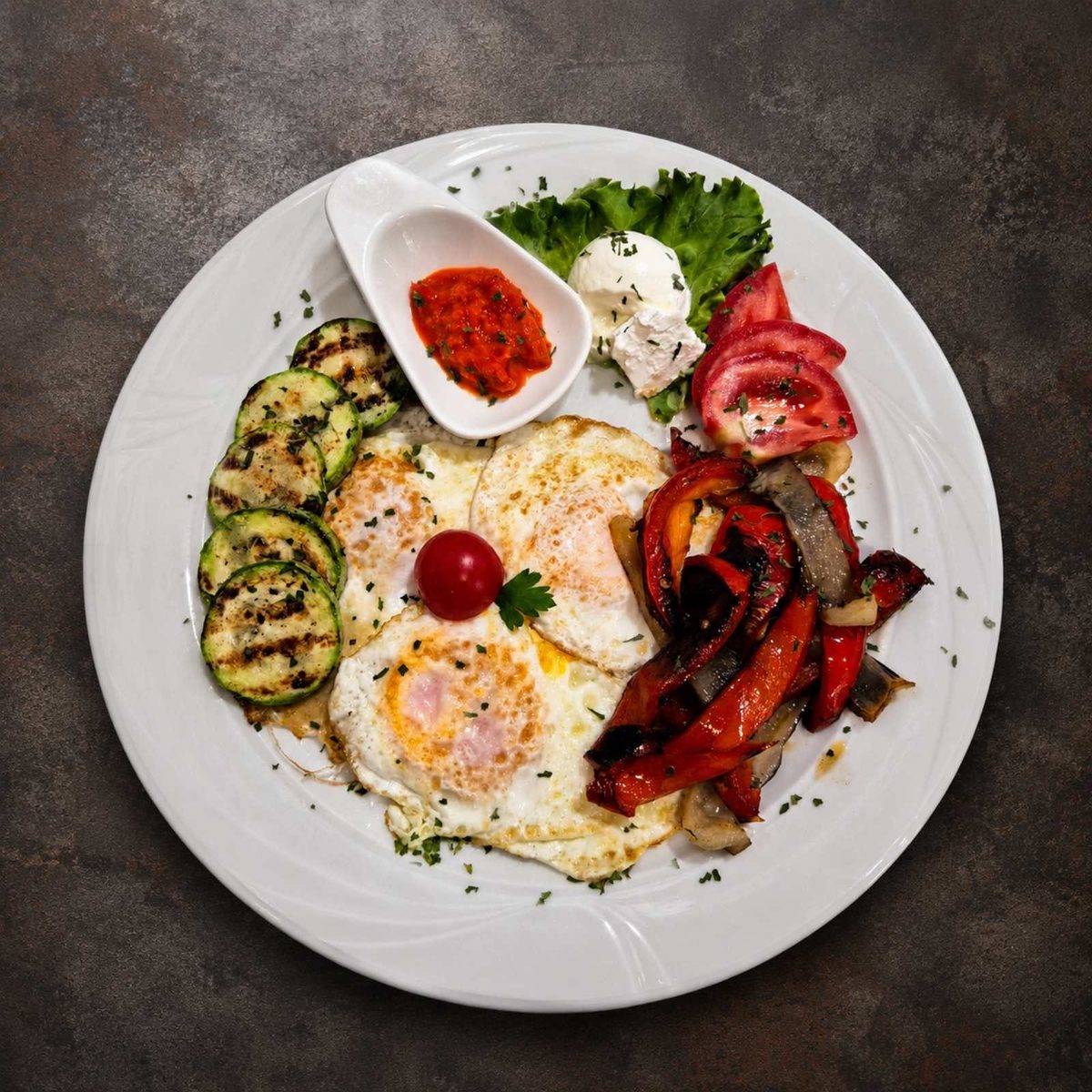 Jaja sa povrćem — fried eggs with grilled courgette, roasted peppers & ajvar